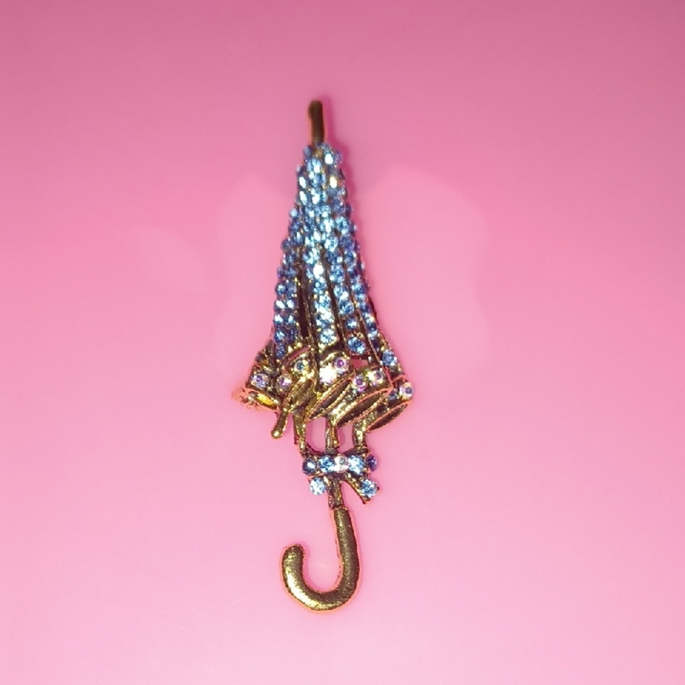 Gold and Blue Rhinestone Umbrella Brooch